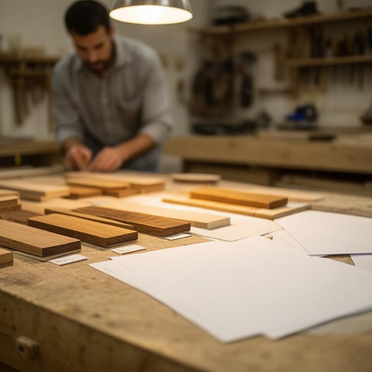 Titolare di falegnameria italiana in laboratorio ordinato con campioni di legno e documenti societari sul tavolo