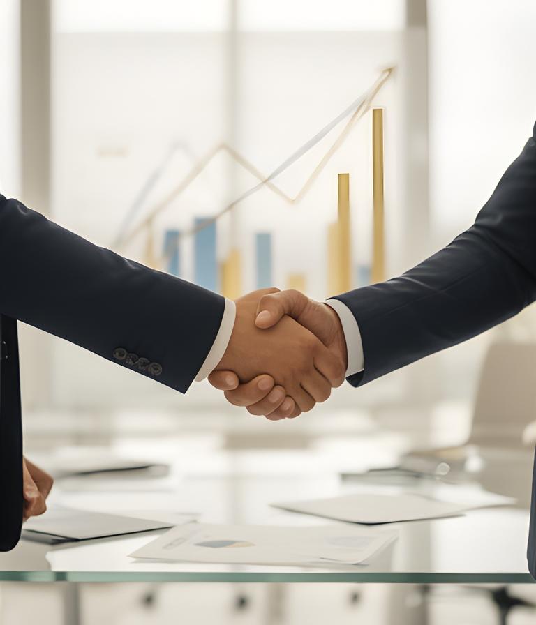 Imprenditore italiano che stringe la mano a un acquirente davanti a un grafico di crescita in ufficio luminoso